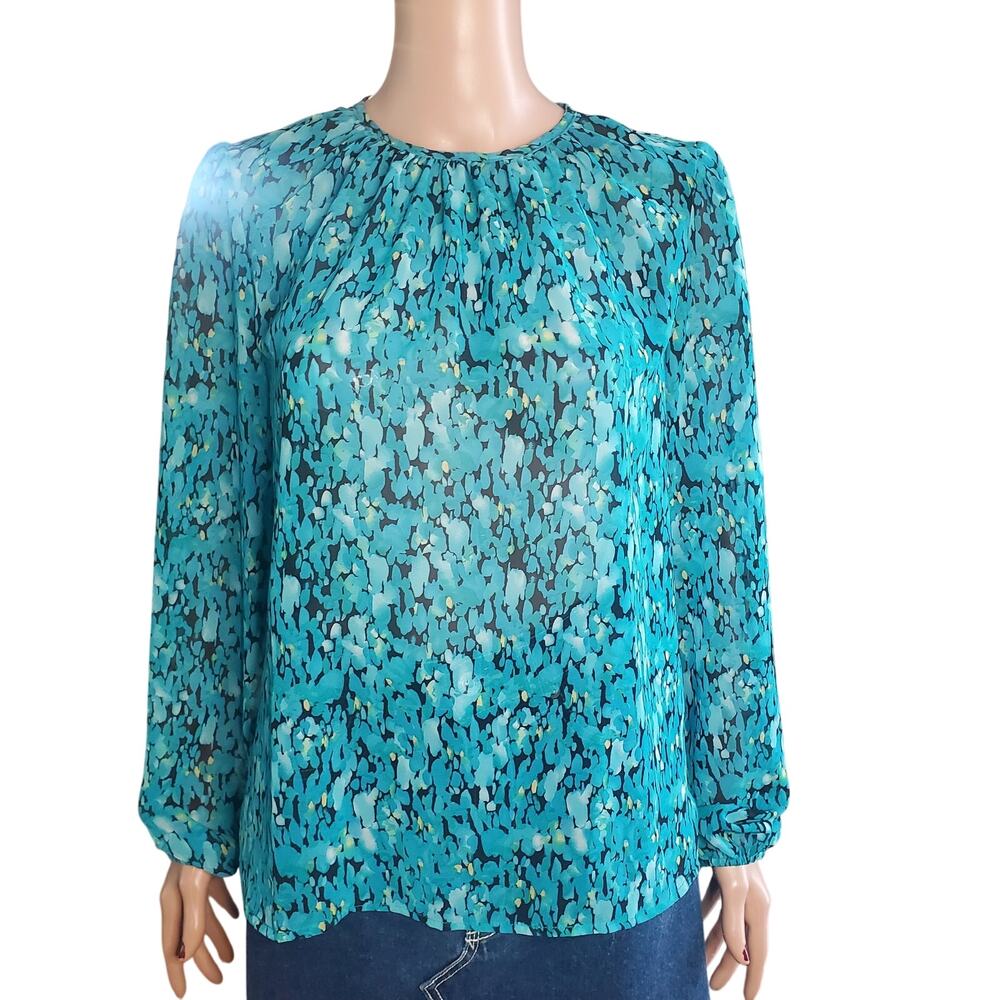Chiffon Size L Lantern Puff Sleeve Floral Print Teal Blue Keyhole Top Office